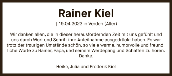 Todesanzeige von Rainer Kiel von SYK