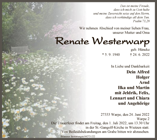 Todesanzeige von Renate Westerwarp von SYK