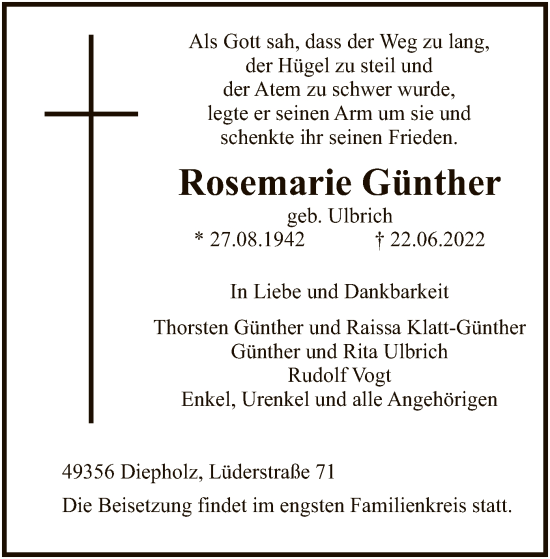 Todesanzeige von Rosemarie Günther von SYK