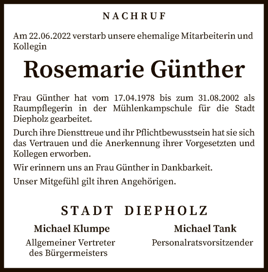 Todesanzeige von Rosemarie Günther von SYK