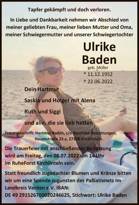 Todesanzeige von Ulrike Baden von SYK
