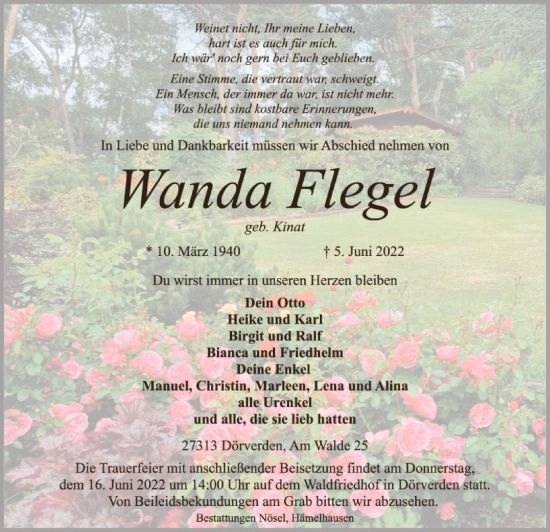 Todesanzeige von Wanda Flegel von SYK