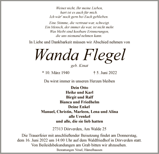 Todesanzeige von Wanda Flegel von SYK