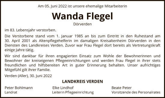 Todesanzeige von Wanda Flegel von SYK
