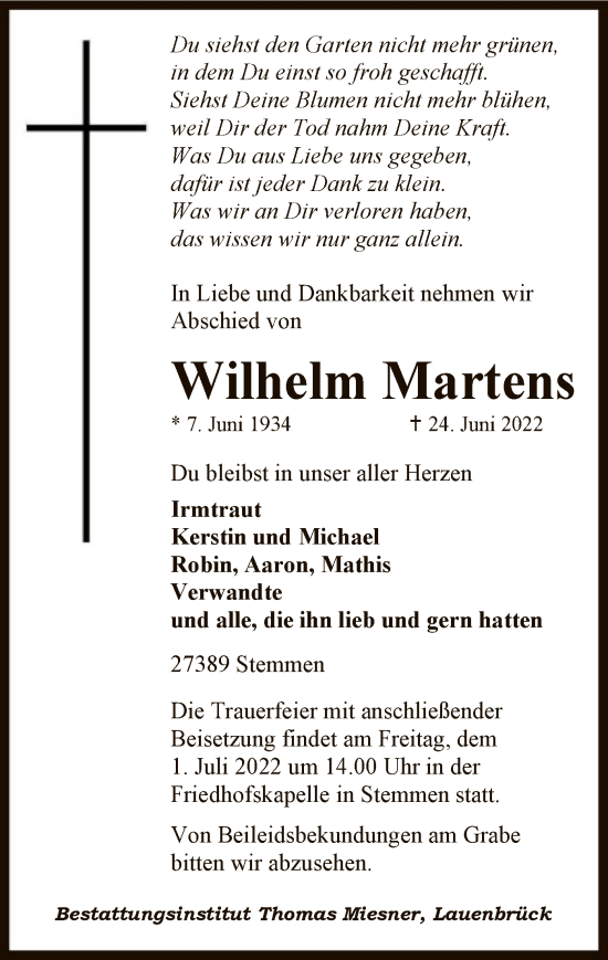 Todesanzeige von Wilhelm Martens von SYK
