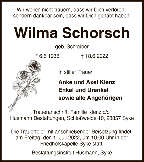 Todesanzeige von Wilma Schorsch von SYK