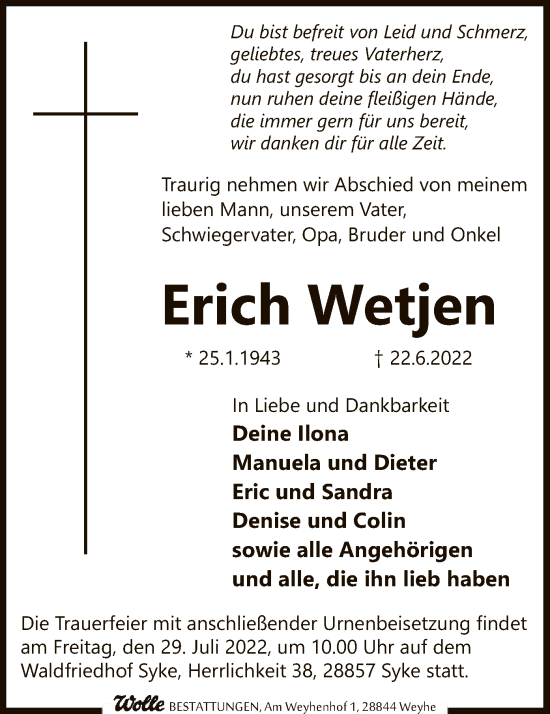 Todesanzeige von Erich Wetjen von SYK