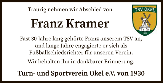 Todesanzeige von Franz Kramer von SYK