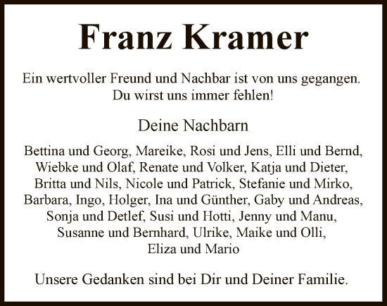 Todesanzeige von Franz Kramer von SYK