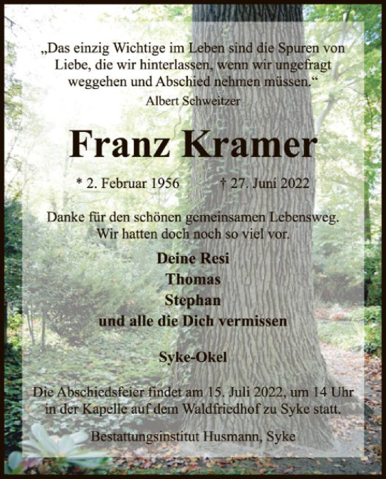 Todesanzeige von Franz Kramer von SYK