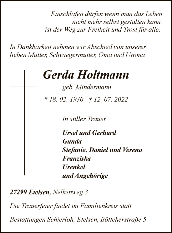 Todesanzeige von Gerda Holtmann von SYK