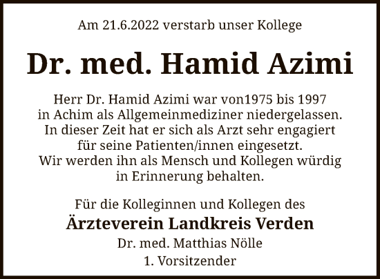 Todesanzeige von Hamid Azimi von SYK