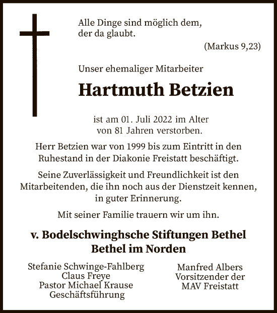 Todesanzeige von Hartmuth Betzien von SYK