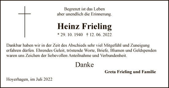 Todesanzeige von Heinz Frieling von SYK
