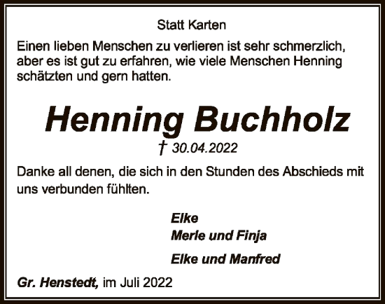 Todesanzeige von Henning Buchholz von SYK