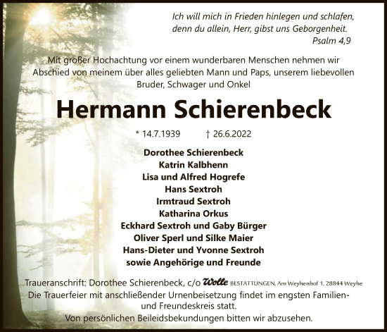Todesanzeige von Hermann Schierenbeck von SYK