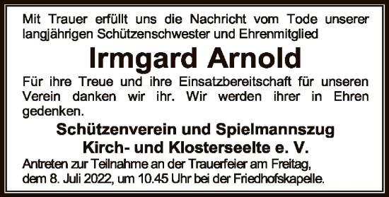 Todesanzeige von Irmgard Arnold von SYK