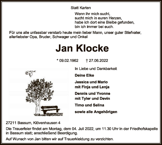Todesanzeige von Jan Klocke von SYK