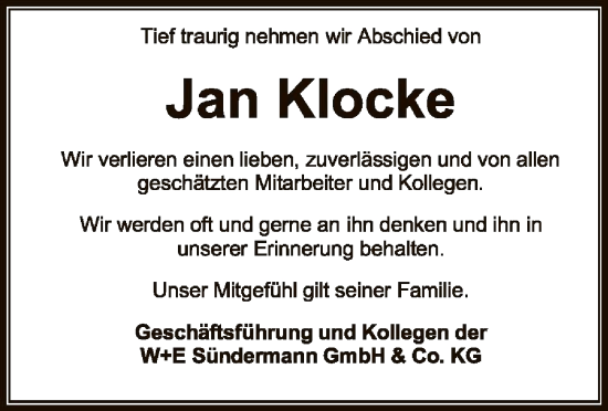 Todesanzeige von Jan Klocke von SYK