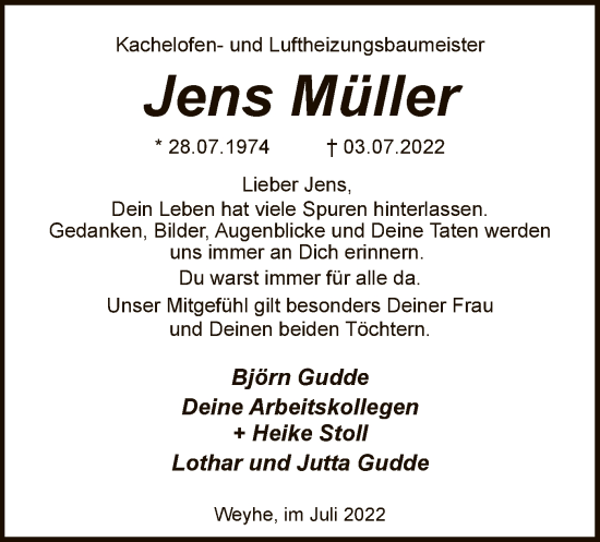 Todesanzeige von Jens Müller von SYK