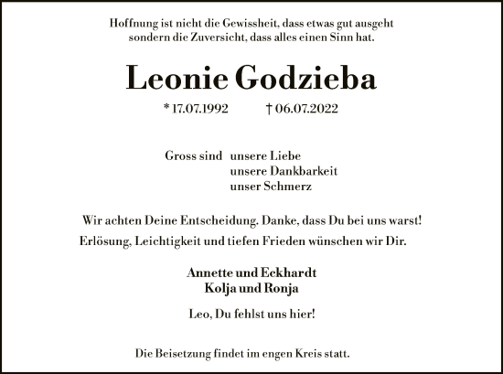 Todesanzeige von Leonie Godzieba von SYK