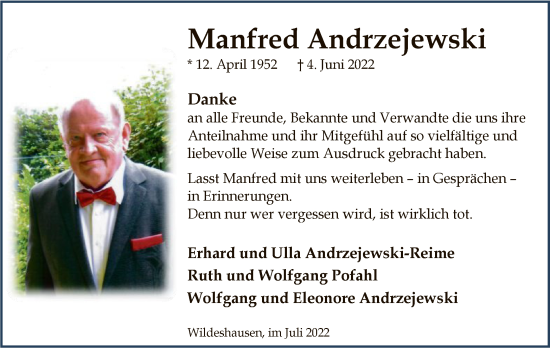 Todesanzeige von Manfred Andrzejewski von SYK