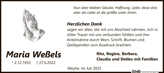 Todesanzeige von Maria Weßels von SYK
