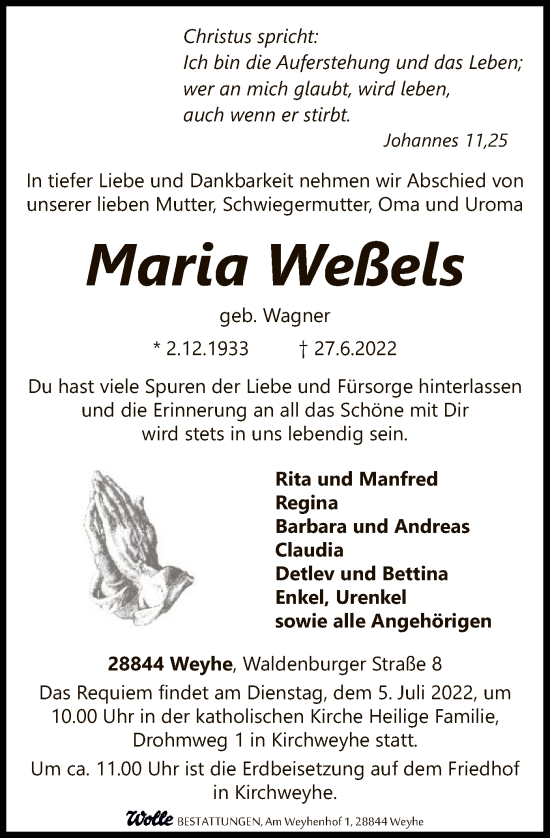 Todesanzeige von Maria Weßels von SYK
