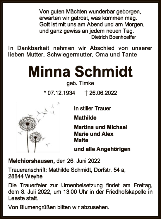 Todesanzeige von Minna Schmidt von SYK