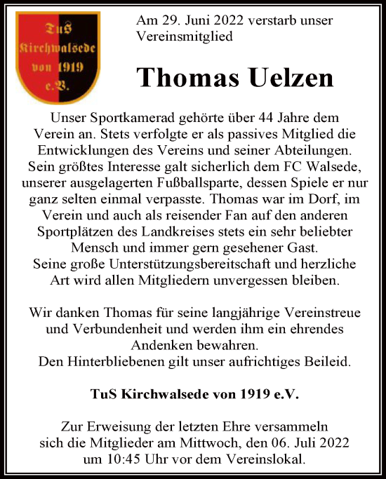 Todesanzeige von Thomas Uelzen von SYK