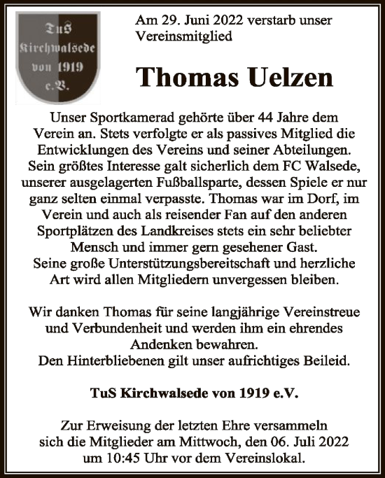 Todesanzeige von Thomas Uelzen von SYK