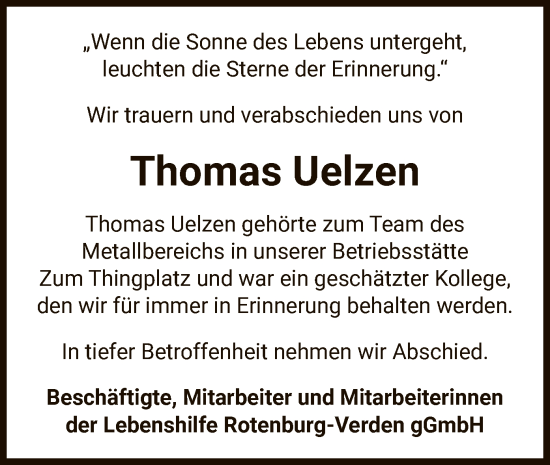 Todesanzeige von Thomas Uelzen von SYK