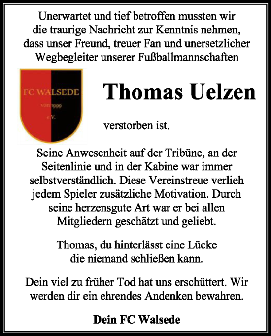 Todesanzeige von Thomas Uelzen von SYK