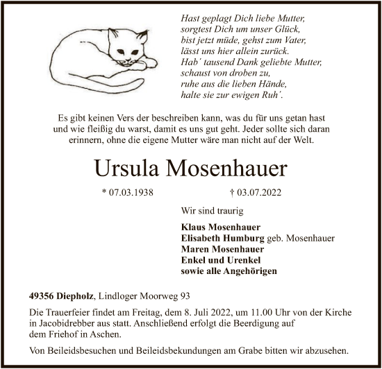 Todesanzeige von Ursula Mosenhauer von SYK