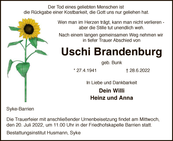 Todesanzeige von Uschi Brandenburg von SYK