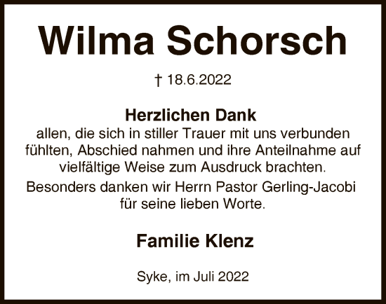 Todesanzeige von Wilma Schorsch von SYK