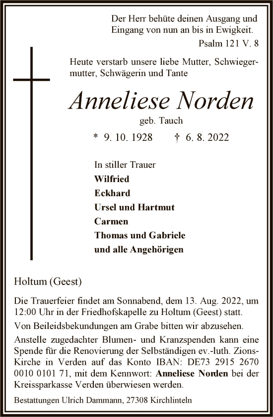 Todesanzeige von Anneliese Norden von SYK