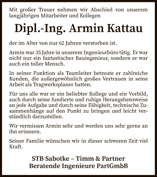 Todesanzeige von Armin Kattau von SYK