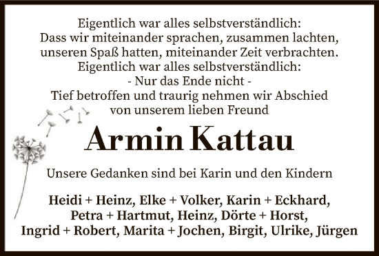 Todesanzeige von Armin Kattau von SYK