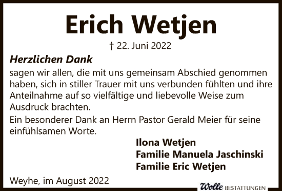 Todesanzeige von Erich Wetjen von SYK