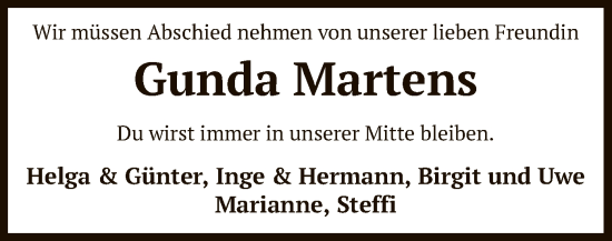 Todesanzeige von Gunda Martens von SYK