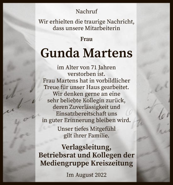 Todesanzeige von Gunda Martens von SYK