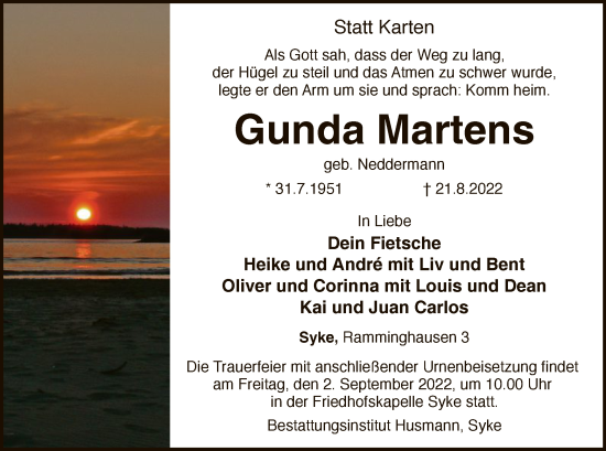 Todesanzeige von Gunda Martens von SYK