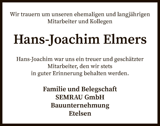 Todesanzeige von Hans-Joachim Elmers von SYK