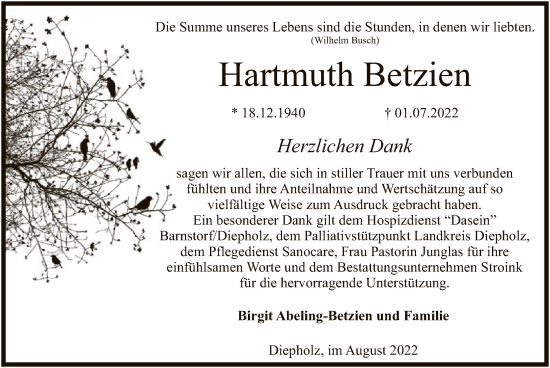 Todesanzeige von Hartmuth Betzien von SYK