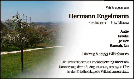Todesanzeige von Hermann Engelmann von SYK