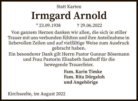 Todesanzeige von Irmgard Arnold von SYK
