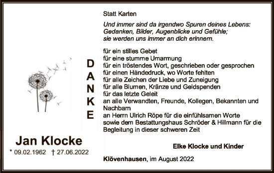Todesanzeige von Jan Klocke von SYK