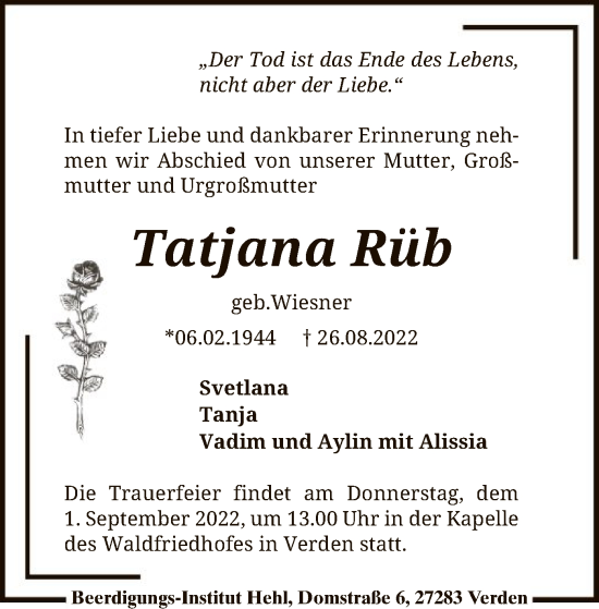 Todesanzeige von Tatjana Rüb von SYK