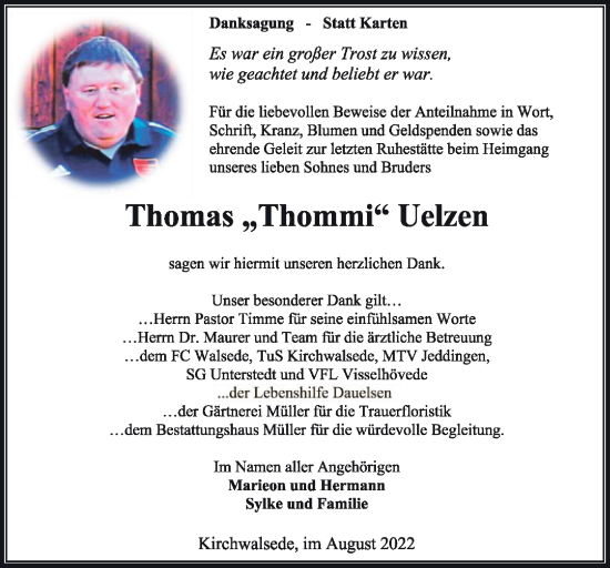 Todesanzeige von Thomas Uelzen von SYK
